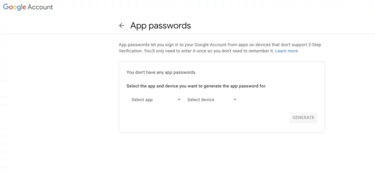 Gmail app passwords page